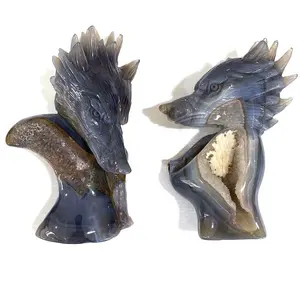 Großhandel natürliche quarz kristall hand geschnitzte achat geode wolf für dekoration