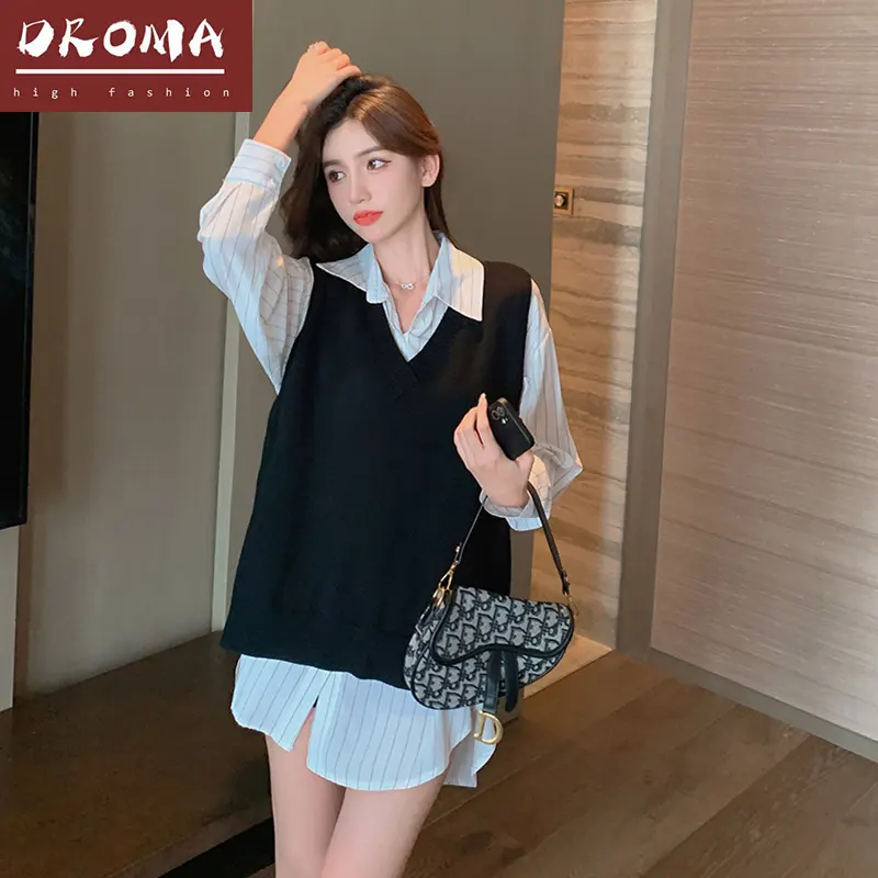 Droma fashion suit women's autumn new style striped white shirt and loose knitted vest two-piece set top