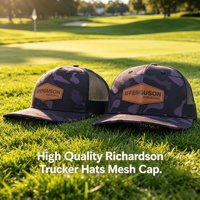 Casquette Trucker Richardson 112 à 6 panneaux en tissu éponge et maille, avec patch en cuir et logo personnalisé, style Y2K, motif camouflage canard, thème chasse animale