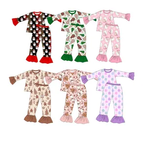 Yeni varış noel yumuşak bebek çocuk fırfır uzun kollu gömlek ve çan pantolon setleri çocuklar 2 adet pijama setleri