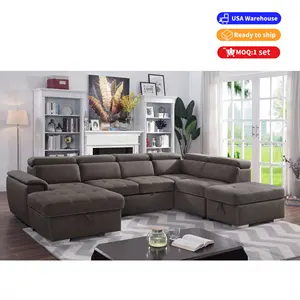 7 seater U shaped US warehouse in stock sectional pull out sleeper leather corner sofa bed couch bed for Villa