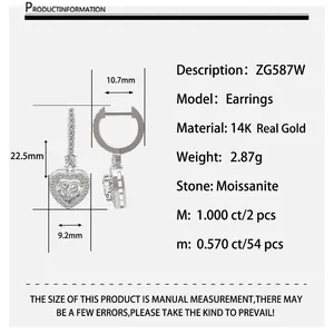 AU585 14K 골드 쥬얼리 Moissanite 다이아몬드 스터드 귀걸이 순수 화이트 골드 파인 쥬얼리 귀걸이 하트 모양