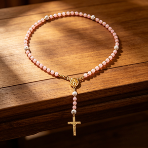 Collier chapelet en pierre naturelle avec pendentif croix médaille Vierge Marie plaqué or, bijoux de prière catholique pour femme - Product Image 3