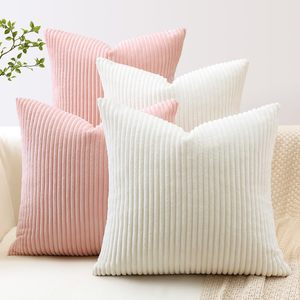 Taies d'oreiller carrées en velours côtelé minimalistes, lavables, pour la décoration du salon, coussins blancs et roses - Product Image 1