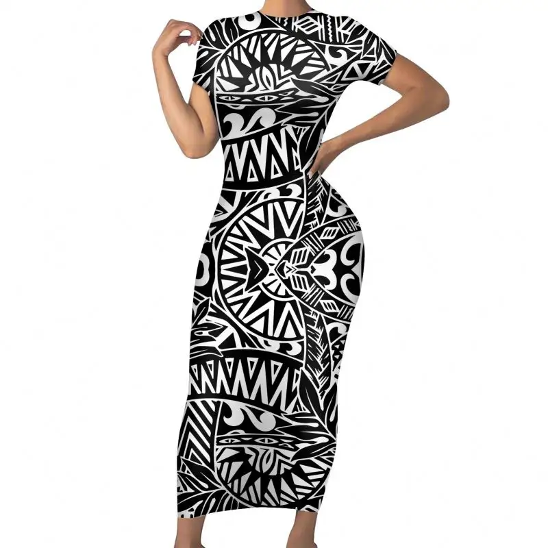 Island Tribe Dropshipping Fashion Hawaiian Polynesian Floral Print Ladies Bodycon Pencil Sexy Long Dress O-neck Women Clothing