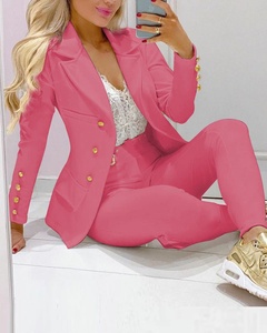 Setelan <span class=keywords><strong>Blazer</strong></span> Wanita Kasual Terbaru Bahan Velour Anti Kusut Kancing Depan Celana Panjang - Product Image 2