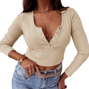 Trendy <strong>Women's</strong> Slim Fit Button Crop Top Long Sleeve <strong>Henley</strong> <strong>Shirts</strong> with Scoop Neck T-<strong>Shirts</strong> - Product Image 4