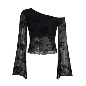 <b>Women</b>‘s One Shoulder <b>Mesh</b> Flocked <b>Top</b>, Asymmetric Sheer Fitted Crop Blouse with Velvet Flocking, Sexy Streetwear Clubwear - Product Image 6