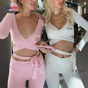 Ensemble de yoga sexy croisé pour femme, haut court à manches longues <span class=keywords><strong>et</strong></span> leggings deux pièces, tenue de sport, survêtement de fitness, <span class=keywords><strong>vêtements</strong></span> de gym - Product Image 1
