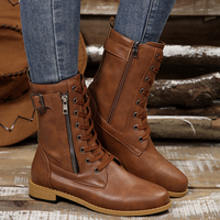 Bottes de combat pour femmes, à lacets, avec fermeture éclair latérale, doublées de polaire, mi-mollet, chaussures de mode automne-hiver, multicolores