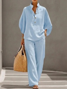 Chemise en lin à col national deux pièces, pantalon large, couleur unie, coupe ample, tenue décontractée printemps-été - Product Image 6