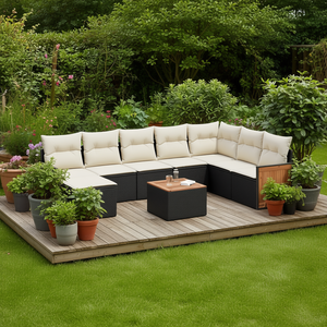 Ensemble de canapés de jardin en rotin noir avec pieds réglables, mobilier d'extérieur au design contemporain, panneaux en teck, 6 places - Product Image 2