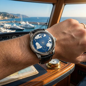 นาฬิกาข้อมือผู้ชายแบบออโตเมติก ดีไซน์พิเศษ หน้าปัดกระจกแซฟไฟร์ พร้อมโลโก้ OEM ตามสั่ง แสดงเวลาแบบหมุนได้ แผนที่โลกสีน้ำเงิน - Product Image 2