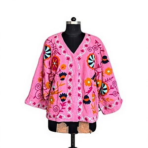 <b>Pink</b> Boho Floral Embroidered Handcrafted Cotton Jacket Cape <b>Shrug</b> Summer Spring Breathable V-neck Flare Sleeve Thin - Product Image 2