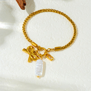 Gold Plated Braided Chain Bracelet With Bow And Shell Charm Stainless Steel Jewelry Gift - Product Image 2