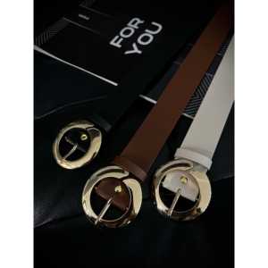 Cinturón de PU para Mujer Fiori con Hebilla Redonda de Aleación Dorada, Estilo Casual, Cierre de Pin, Negro, Marrón, Beige - Product Image 3