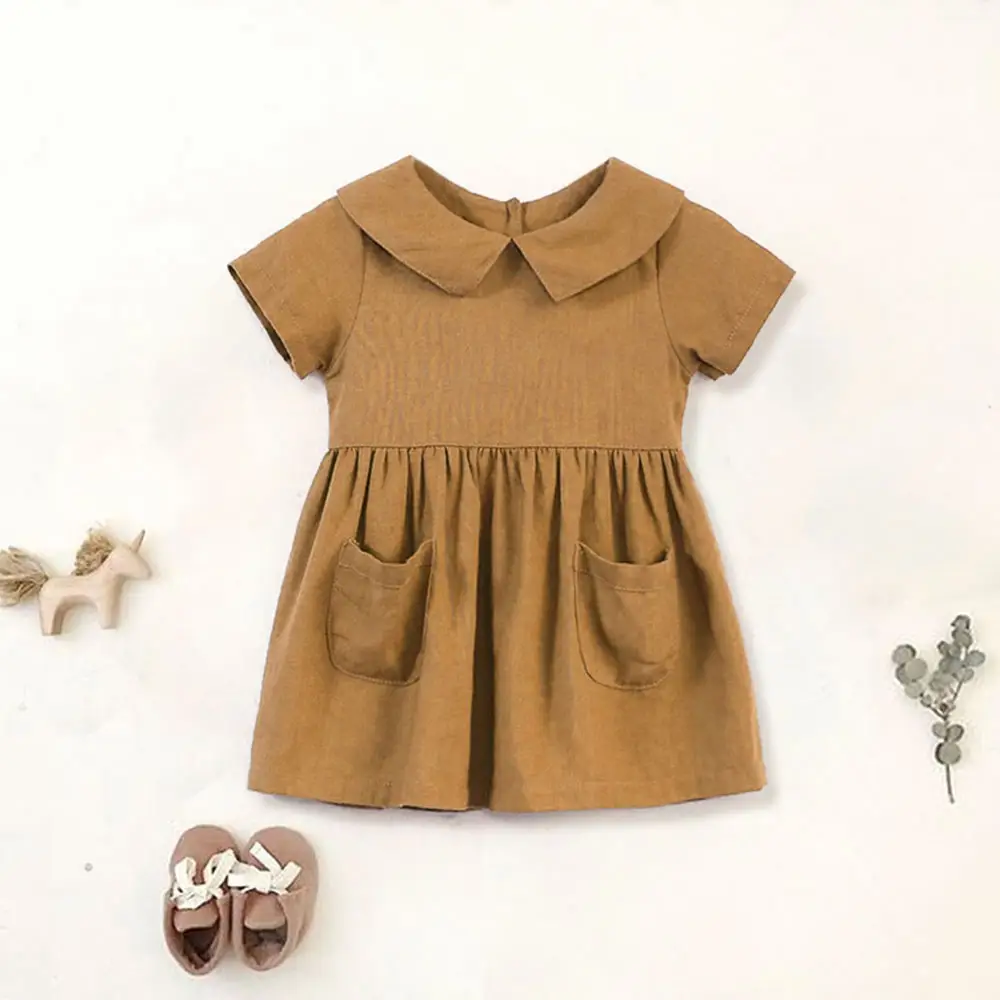 Summer Classic Doll Collar Linen Baby Clothing Pocket Design Back Button Girls Dress