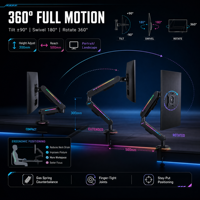 Soporte de Monitor para Juegos RGB con Resorte de Gas, Aluminio, Movimiento Completo, Giro de 360°, Inclinación, VESA 75 100, Gestión de Cables, Soporte de Escritorio