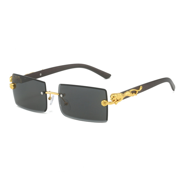 Classic Golden Leopard Head Alloy Metal Animal Sunglasses American Gradient Lens Fashion Rectangular Shades Rimless Sunglasses