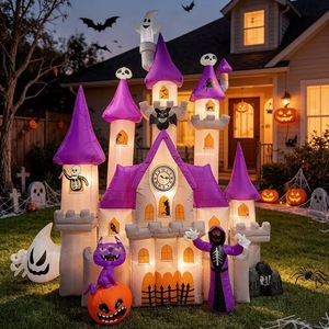 Château hanté gonflable d'extérieur avec chat fantôme et citrouille pour décoration d'Halloween - Product Image 1