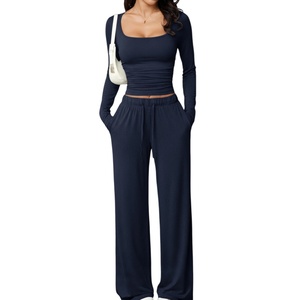 Sweethoney OEM Women's Casual Trousers <strong>Set</strong> <strong>Square</strong> Neck Long-Sleeved Short Top <strong>Set</strong> Breathable Modal Women's Sportswear <strong>Set</strong> - Product Image 5