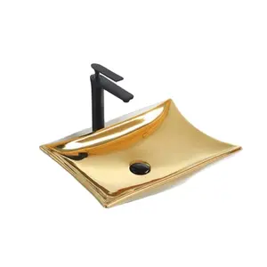 Luxury Gold Sanitary Ware Table Top White Gold Washbasin Art Bathroom Sink Ceramic Golden Wash Basin