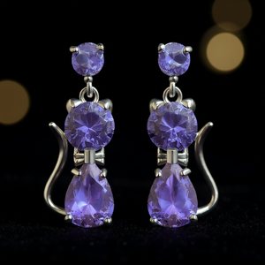 Boucles d'oreilles pendantes pour femme E3826 en améthyste, motif chat, en argent 925 avec sertissage griffe, bijoux fantaisie en cristal pour usage quotidien - Product Image 2