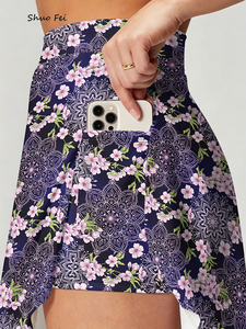 Women Mandala Cherry Blossom Skort <strong>Navy</strong> Floral Graphic Athletic Tennis <strong>Skirt</strong> with Phone Pocket High Waisted Gym Wear - Product Image 3
