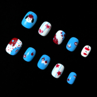 Faux ongles carrés courts à presser, motif pomme bleue, chiot, étoile et nœud, peints à la main, en gel, faits à la main, réutilisables, ajustement personnalisé