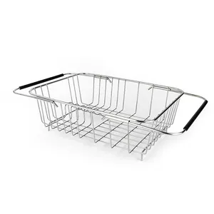 Stainless Steel Expandable Sink Above Drainage Basket Kitchen Dish Drying Rack Metal Wire Drainer Basket Storage Baskets