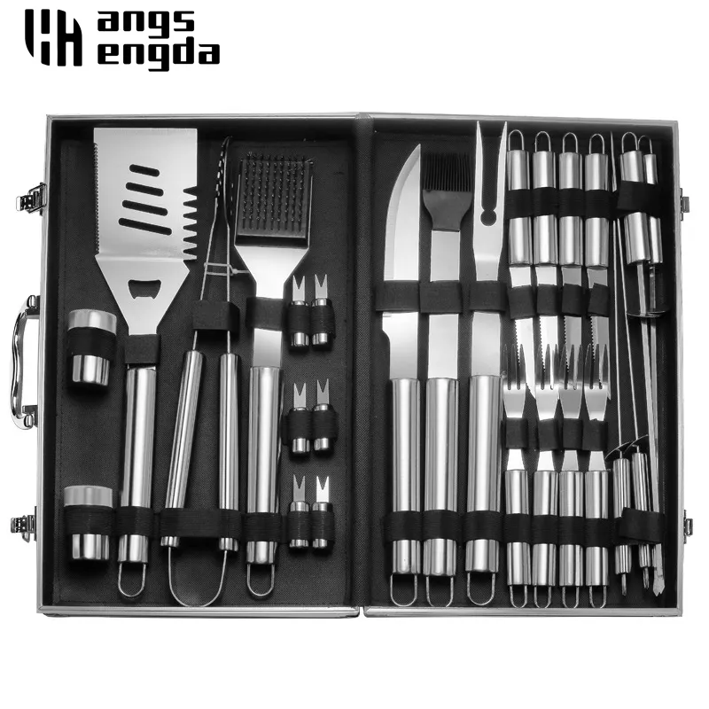 Kit de herramientas de barbacoa de acero inoxidable, Maleta portátil para acampada, accesorios de barbacoa, 32 Uds., venta al por mayor