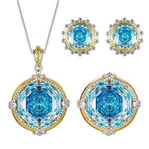 Fashion Eco-friendly Copper Gold Plated 18-10MM Sea Blue Cubic Zirconia Classic Floral Pendant <b>Earrings</b> Jewelry <b>Set</b> Wedding - Product Image 1
