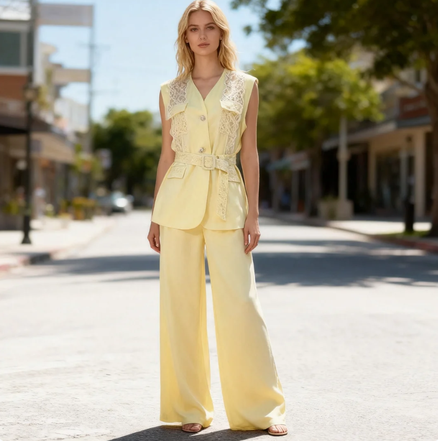 Women Summer Outfit Lace Trim Sleeveless Vest And Pants Set Women V-Neck Button Front Waist Belt Wide Leg Trousers Two 2 Piece