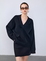 100% Reiner Kaschmir Anti-Falten Atmungsaktiver Tunika-Pullover für Damen Übergroßer Tiefer V-Ausschnitt Fallende Schulter Klappentasche Gerippte Bündchen Saum