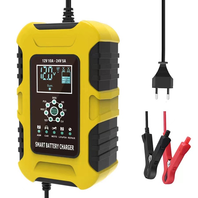 FOXSUR 7-Stage Automatic Battery Charger 12V 10A 24V 5A Car Charger for Truck Motorcycle Lithium LiFePO4 Lead Acid LCD Display