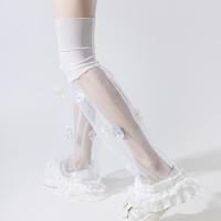 WJN Bas respirants au-dessus du genou, couleur unie, avec nœud et dentelle ajourée, pour femme, style JK Lolita, mignons, noirs et blancs, pour l'été