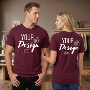 Votre design ici : T-shirt homme col rond à manches courtes, imprimé sérigraphié sur le devant, coupe décontractée classique, 100% coton jersey, couleur bordeaux. - Product Image 1