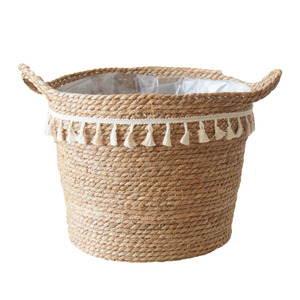 Panier à fleurs rond en rotin et paille tressé, fait à la main avec pompon, pour plantes d'intérieur et décoration - Product Image 5