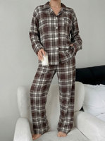 Damen Herbst-Winter Atmungsaktives Spandex/Polyester Pyjama-Set für Weihnachten und Neujahr, Strickjacke mit Revers, Lange Ärmel und Hose
