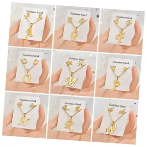 Bulk Wholesale Cheap Set Jewelry Stainless Steel Jewelry Necklace Ear Studs Necklace for Women English Letter