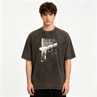 T-shirt personnalisé Kornit DTG, gris foncé délavé, imprimé pistolet et Bible, style streetwear, fabrication OEM