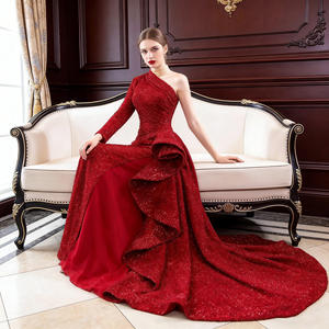 Red One Shoulder Sequined Mermaid Natural Sweep Evening Party <strong>Dresses</strong> For Classic Wedding Gowns For Women - Product Image 3