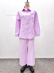 Women's Rhinestone Embellished 2 Piece Set - Long Sleeve Button <b>Down</b> Shirt & Wide Leg <b>Pants</b> Fashion - Product Image 6