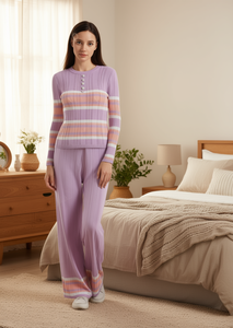 Dolado Set Loungewear da Donna in Maglia a Righe, Maniche Lunghe, Girocollo, Morbido, Casual, Completo da Notte Lungo, 2 Pezzi, Primavera - Product Image 2
