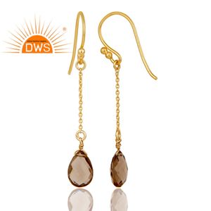 Handcrafted Smoky Quartz Gemstone <b>Earrings</b> Indian Gold Plated Jewelry Designer 925 <b>Silver</b> <b>Chain</b> Drop <b>Earrings</b> Manufacturer - Product Image 3
