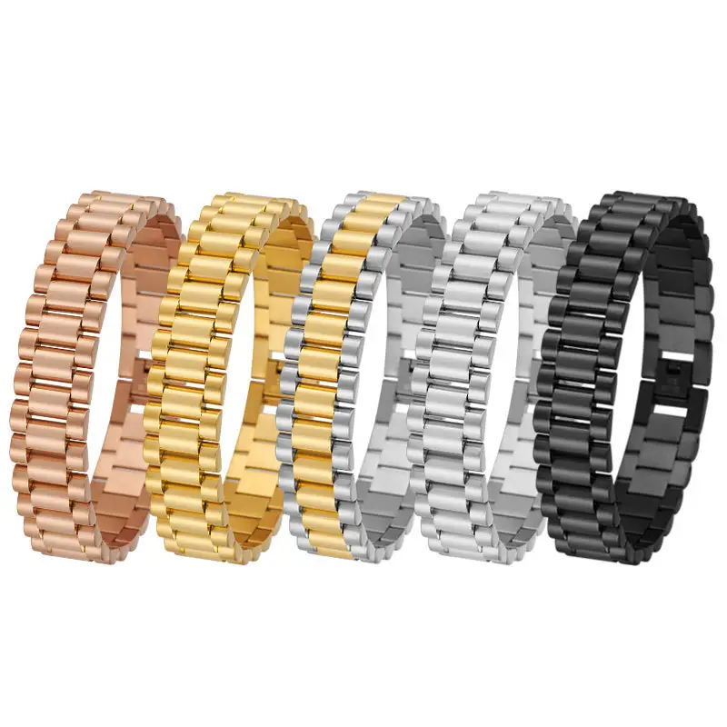 Gelang jam tangan pria, gelang Stainless Steel 15mm Multi Warna Perak/emas/mawar emas/hitam/dua nada untuk pilihan