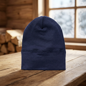 Bonnet bleu marine unisexe en tricot couleur unie, style décontracté, chaud pour l'hiver, avec revers souple - Product Image 2