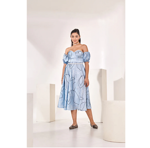 Vestido Midi Azul Estampado con Mangas Desmontables, Elegante, Casual, para Fiesta de Verano, Vestido de Moda para Mujer, Atuendo Moderno y Elegante - Product Image 4