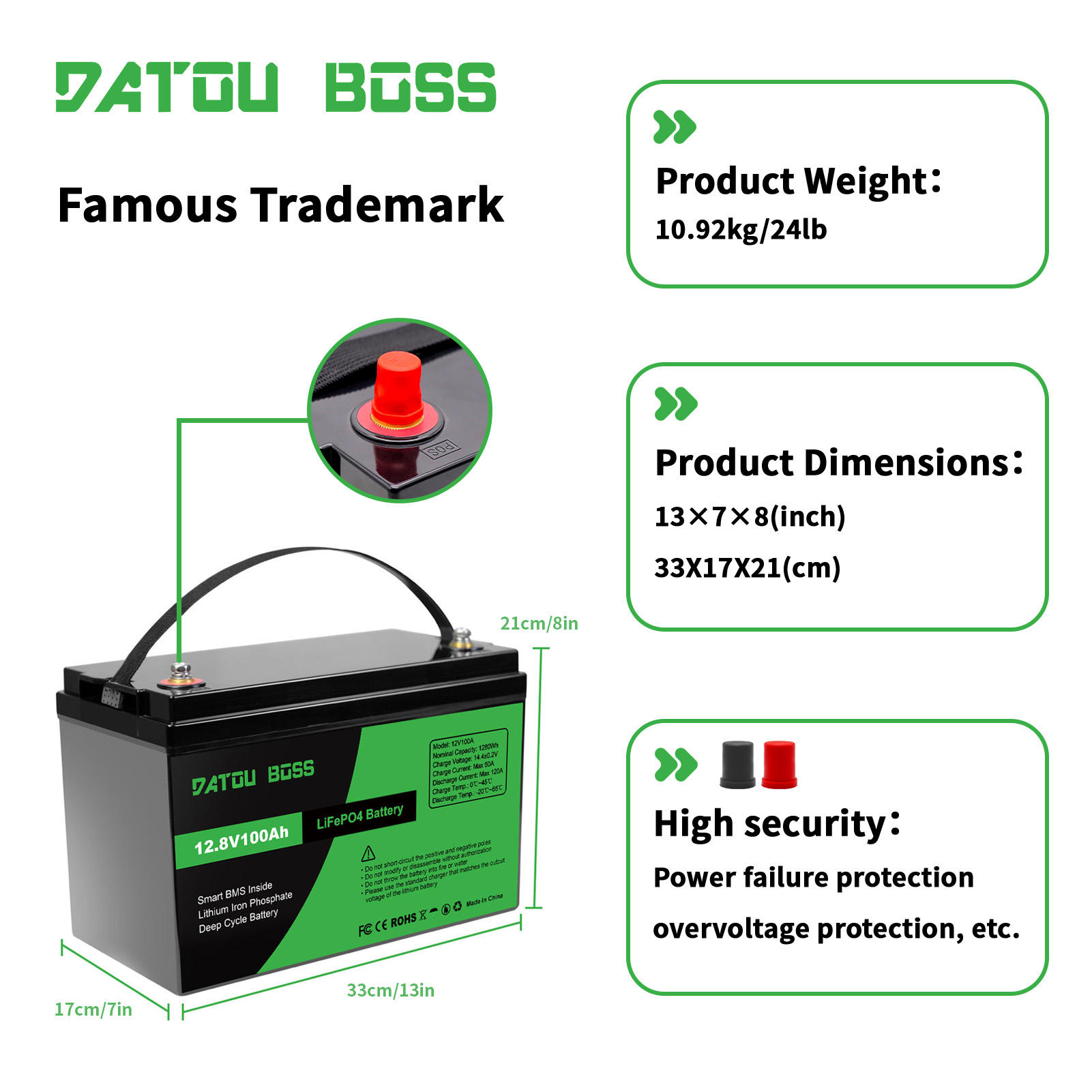 Battery DATOU BOSS LiFePO4 12V/100AH ​​1280Wh BMS