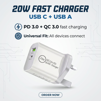 Chargeur mural rapide 20W double port PD QC 3.0, chargeur USB-C USB-A, multi-prises UK EU US AU, chargeurs USB C pour téléphone